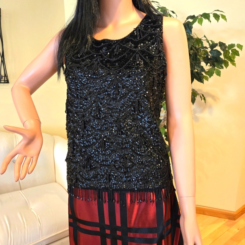 Exquisite, Rare, Vintage Black, Sleeveless Sequin & Beaded Blouse, Apprx. Size L